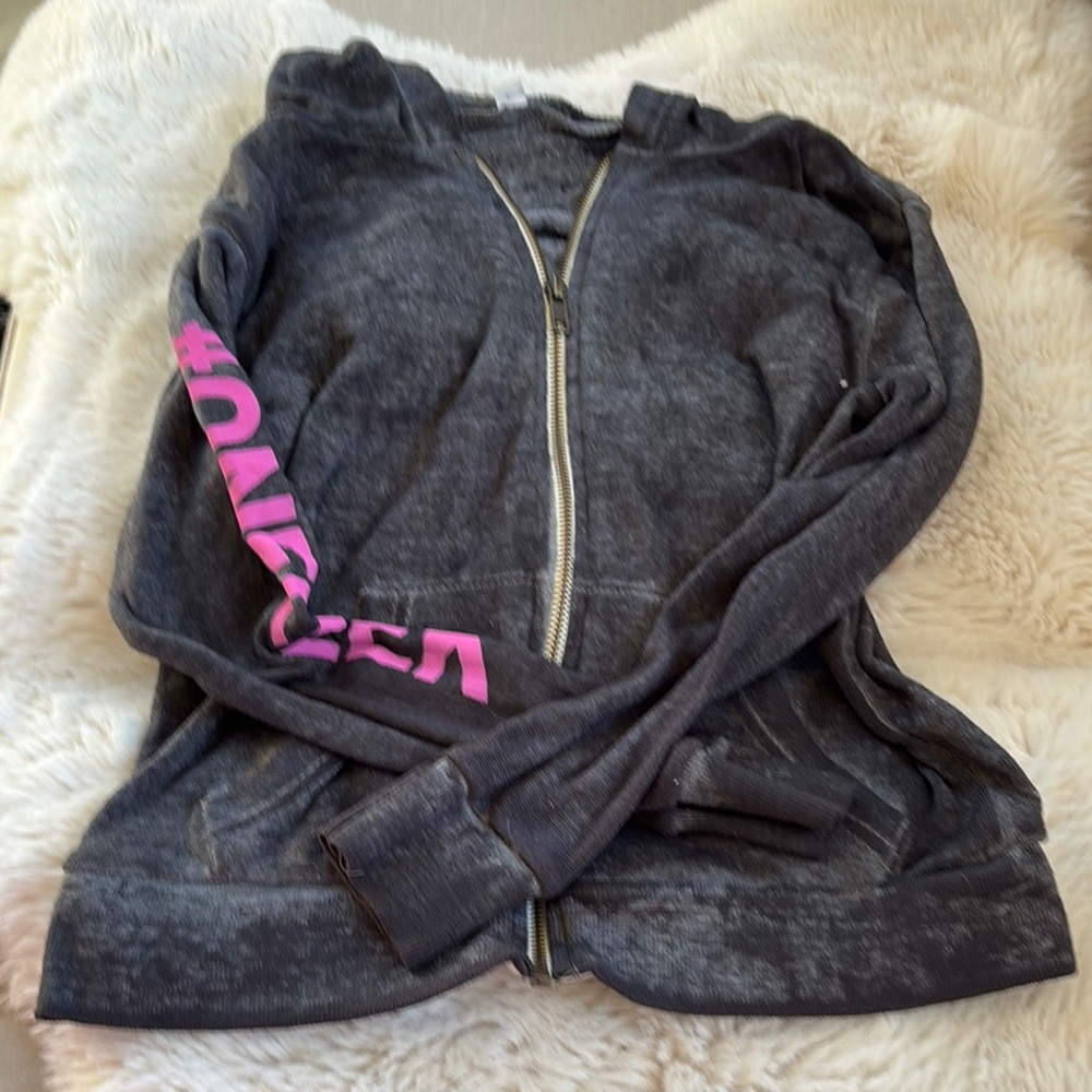 Kids size XL Zip-Up Hoodie with Pink Lettering and emojis
